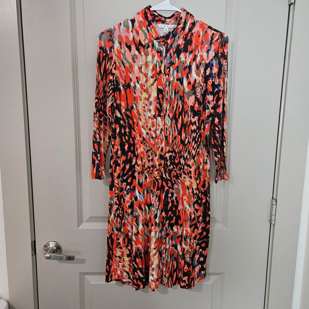 Cabi Womens Red Multi Color Abstract Print Long Sleeve Shirt Dress Size S